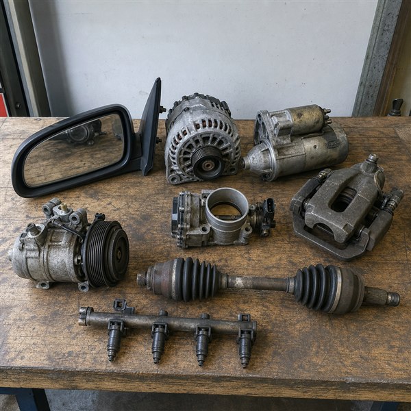 Used automotive parts on a workbench