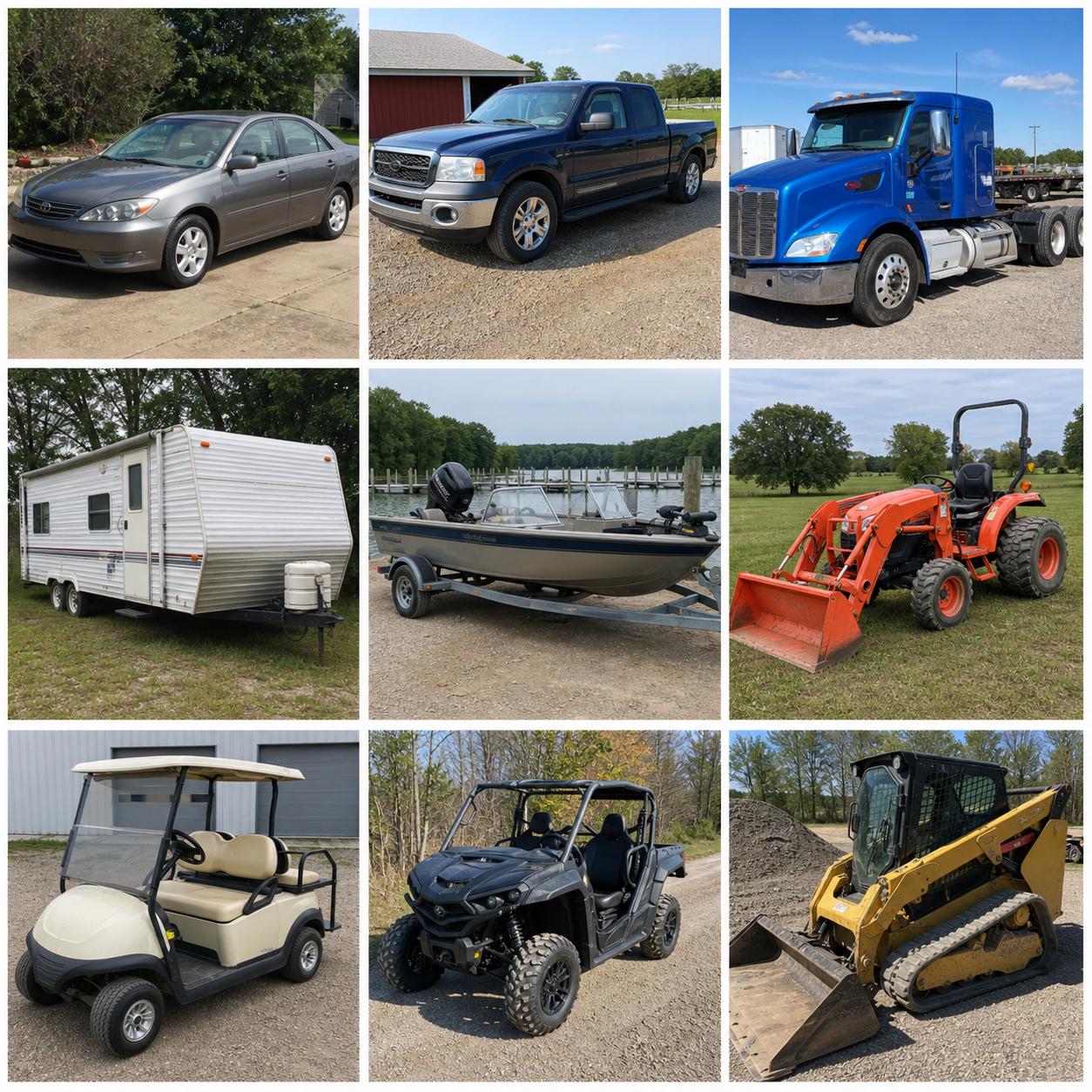 Sample vehicle, trailer, boat, tractor, golf cart, off-road, and equipment thumbnails